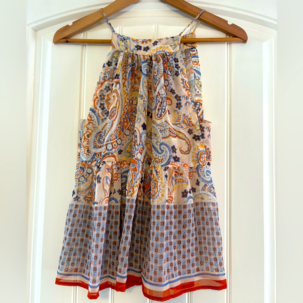 Mango Orange and Blue Paisley Top with spaghetti racer straps